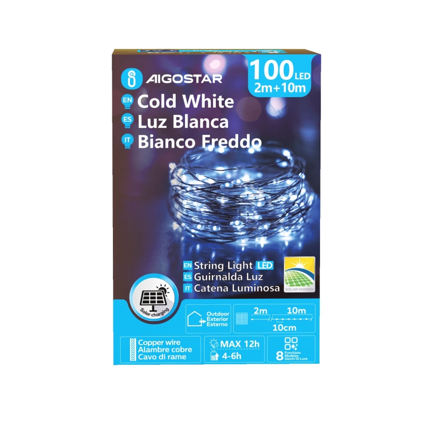 Aigostar - LED saulės girlianda 100xLED/8 funkcijų 12m IP65 800 mAh šaltai balta