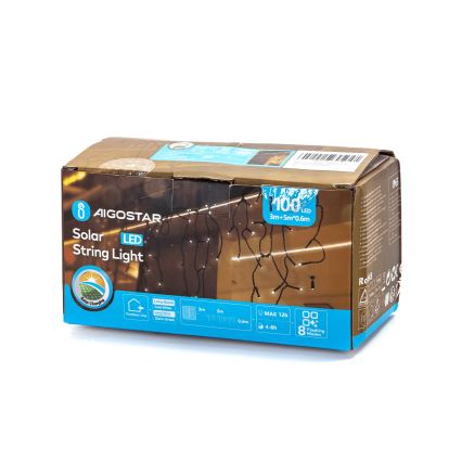 Aigostar - saulės LED girlianda 100xLED/8 funkcijų 8x0,6m 500 mAh IP65 šaltai balta