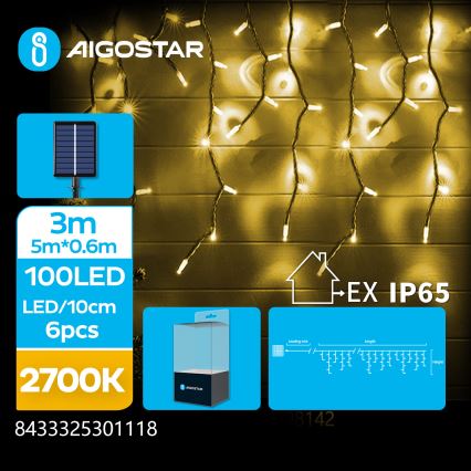 Aigostar - LED saulės girlianda 100 LED / 8 funkcijų, 8 x 0,6 m, 800 mAh, IP65, šiltai balta