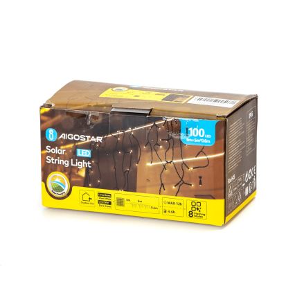 Aigostar - LED saulės girlianda 100 LED / 8 funkcijų, 8 x 0,6 m, 800 mAh, IP65, šiltai balta