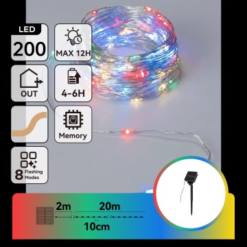 Aigostar - LED saulės girlianda, 200 LED, 8 šviesos režimai, 22 m, IP65, daugiaspalvė, 800 mAh
