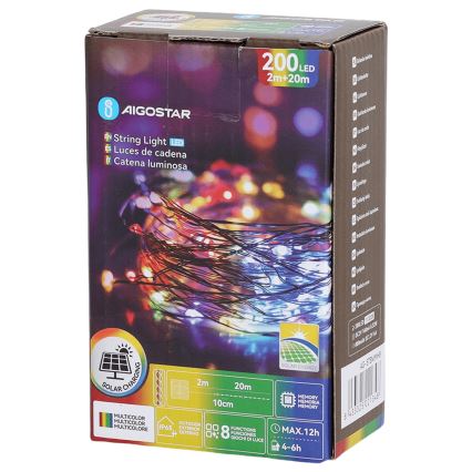 Aigostar - LED saulės girlianda, 200 LED, 8 šviesos režimai, 22 m, IP65, daugiaspalvė, 800 mAh