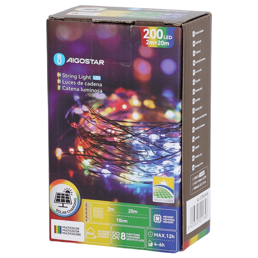 Aigostar - LED saulės girlianda, 200 LED, 8 šviesos režimai, 22 m, IP65, daugiaspalvė, 800 mAh