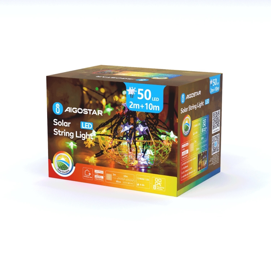 Aigostar - LED saulės girlianda 50xLED/8 funkcijų 800 mAh 12m IP65 daugiaspalvė