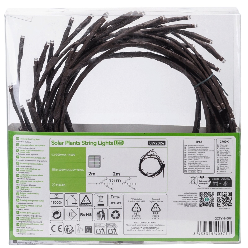 Aigostar - LED saulės girlianda 72xLED/4m IP65 300 mAh šiltai balta medžių šaka