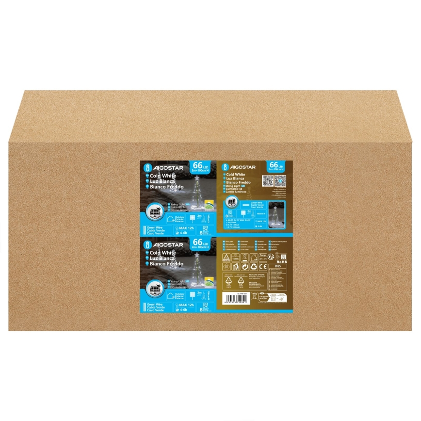 Aigostar - LED saulės energijos kalėdinė dekoracija 66xLED/0,59W/3,7V 100 cm IP65 130 mAh medis šaltai balta
