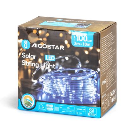 Aigostar - LED saulės kalėdinė girlianda 100xLED/8 funkcijų 12m IP65 šaltai balta 800 mAh