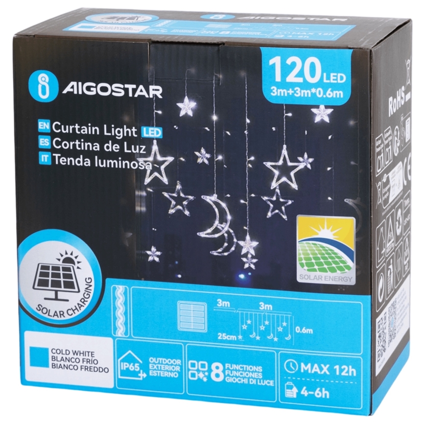 Aigostar - Saulės energija varoma LED kalėdinė girlianda 120xLED/8 funkcijų 3x0,6m 500 mAh IP65 šaltai balta