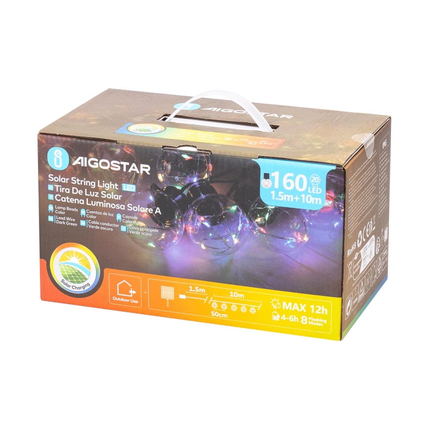 Aigostar - LED Saulės kalėdinė girlianda 20xLED/8 funkcijos 11,5 m IP65 daugių spalvų
