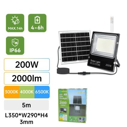 Aigostar - LED saulės prožektorius LED/200W/3,2V 3600mAh 3000K/4000K/6500K IP66 + su nuotoliniu pultu