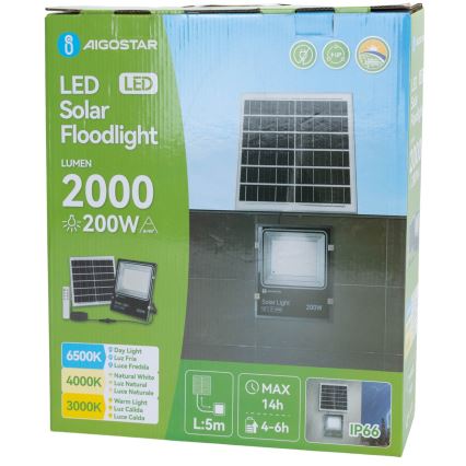 Aigostar - LED saulės prožektorius LED/200W/3,2V 3600mAh 3000K/4000K/6500K IP66 + su nuotoliniu pultu