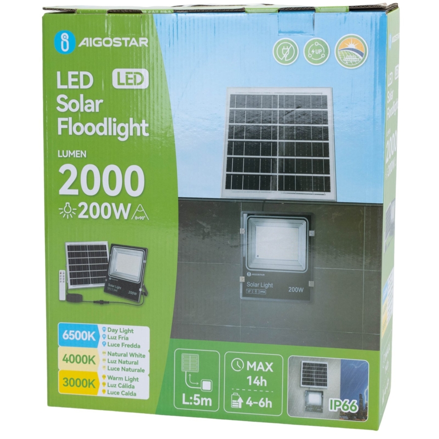 Aigostar - LED saulės prožektorius LED/200W/3,2V 3600mAh 3000K/4000K/6500K IP66 + su nuotoliniu pultu