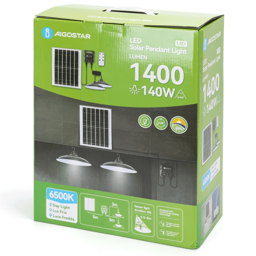 Aigostar - LED saulės šviestuvas su jutikliu, 2xLED/70W/12V, 12000 mAh, 6500K, IP65, skersmuo 23,5 cm + nuotolinis valdymas
