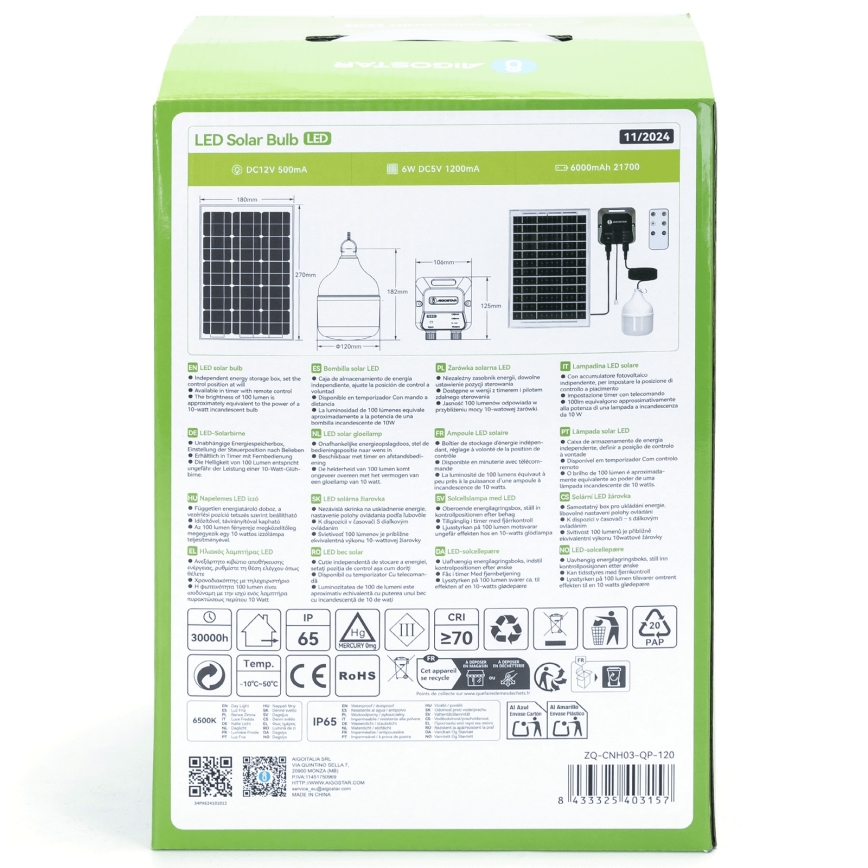Aigostar - LED saulės šviestuvas LED/70W/12V 6000 mAh 6500K IP65 skersmuo 12 cm + nuotolinis valdymas