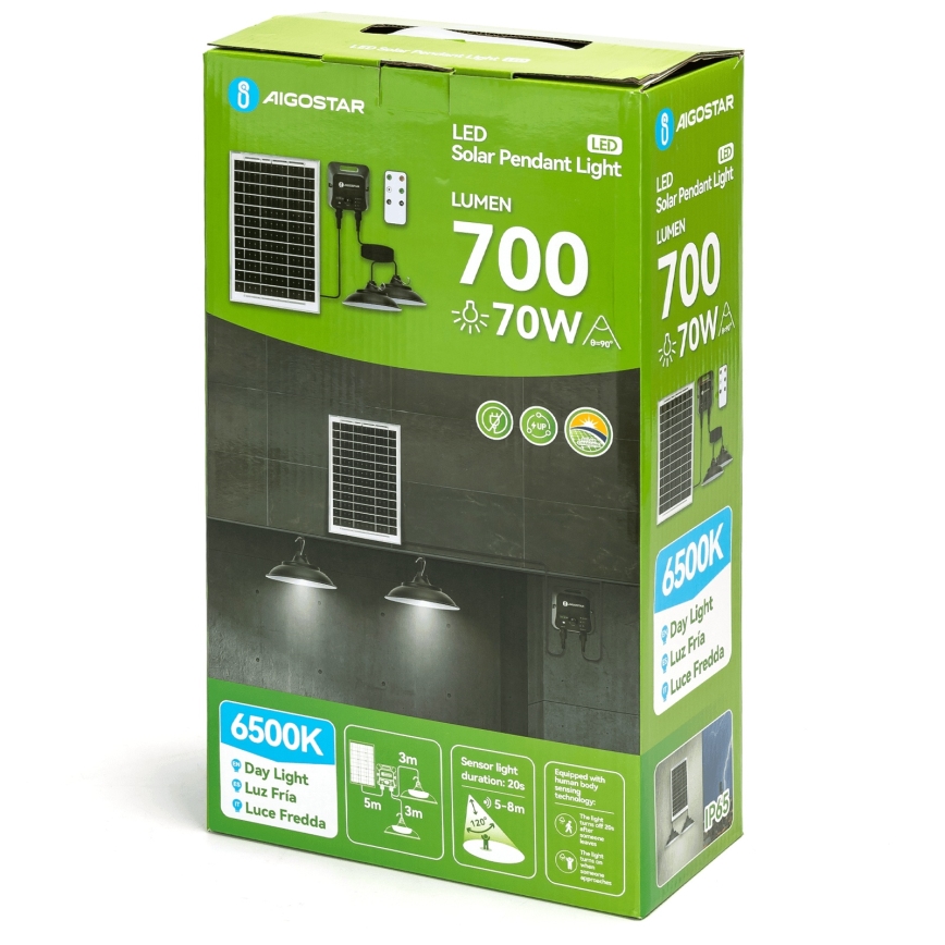 Aigostar - LED saulės šviestuvas su jutikliu, 2× LED / 35 W / 12 V / 6000 mAh / 6500 K / IP65 / Ø 15 cm + nuotolinis valdymas