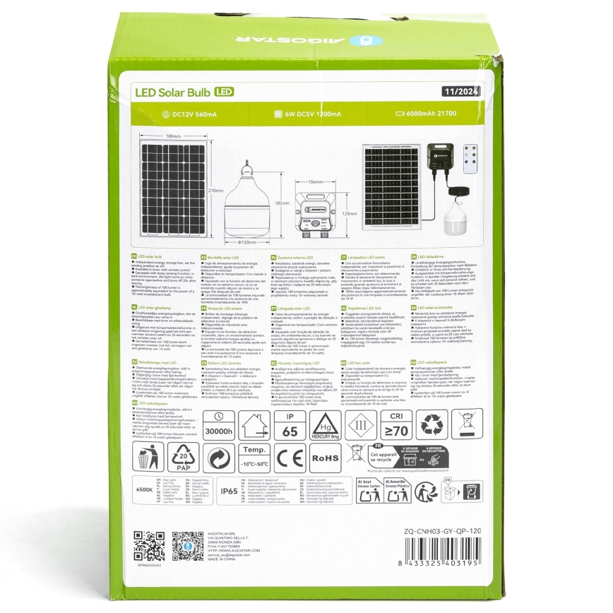 Aigostar - LED saulės šviestuvas su jutikliu LED/70W/12V 6000 mAh 6500K IP65 skersmuo 12 cm + nuotolinis valdymas