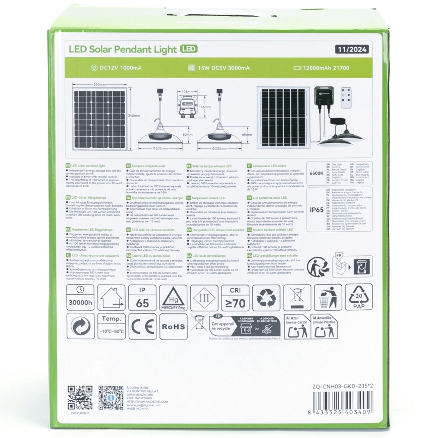Aigostar - LED saulės šviestuvas 2x LED / 70 W / 12 V 12000 mAh 6500 K IP65 skersmuo 23,5 cm + nuotolinis valdymas