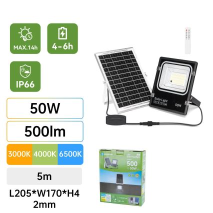 Aigostar - LED saulės prožektorius LED/50W/3,2V 1200mAh 3000K/4000K/6500K IP66 + nuotolinis valdymas