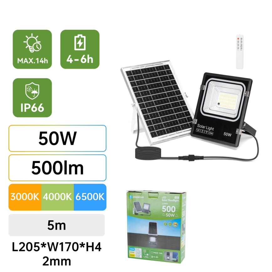 Aigostar - LED saulės prožektorius LED/50W/3,2V 1200mAh 3000K/4000K/6500K IP66 + nuotolinis valdymas