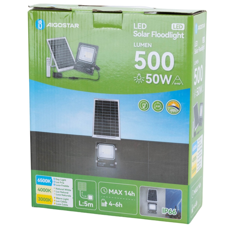 Aigostar - LED saulės prožektorius LED/50W/3,2V 1200mAh 3000K/4000K/6500K IP66 + nuotolinis valdymas