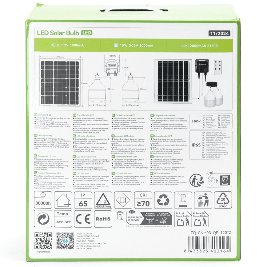 Aigostar - LED saulės šviestuvas 2xLED/70W/12V 12000 mAh 6500K IP65 skersmuo 12 cm + nuotolinis valdymas