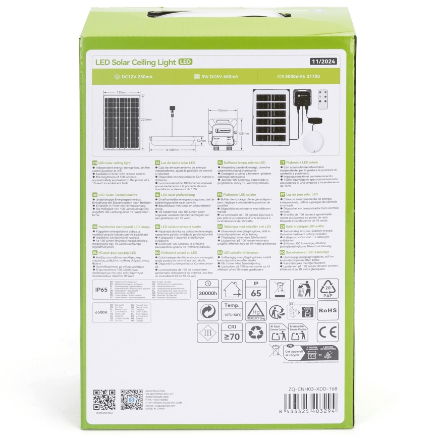 Aigostar - LED saulės šviestuvas LED/35W/12V 3000 mAh 6500K IP65 skersmuo 16,8 cm + nuotolinis valdymas