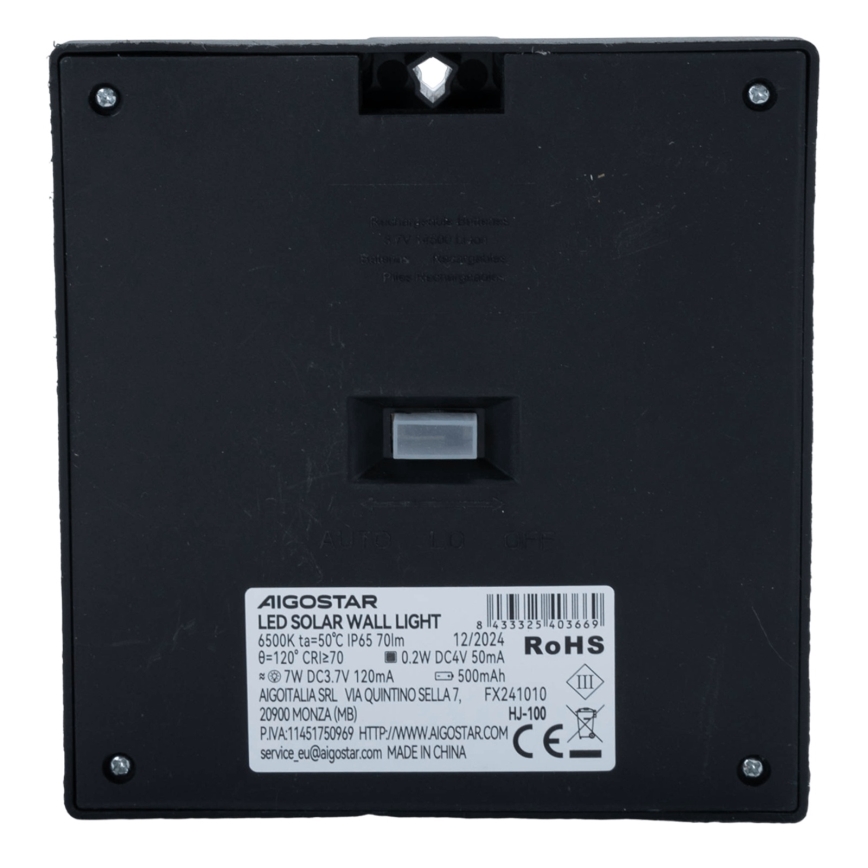 Aigostar - LED saulės šviestuvas su judesio jutikliu, 3,7 V, 6500 K, 500 mAh, IP65, juodas