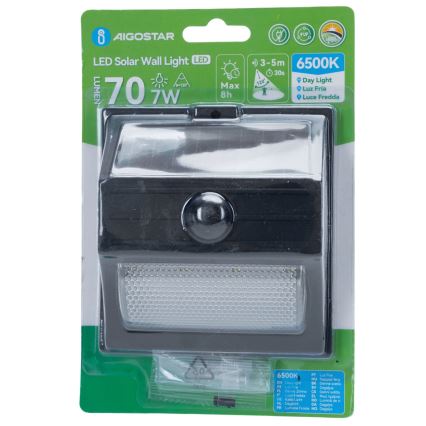 Aigostar - LED saulės šviestuvas su judesio jutikliu, 3,7 V, 6500 K, 500 mAh, IP65, juodas