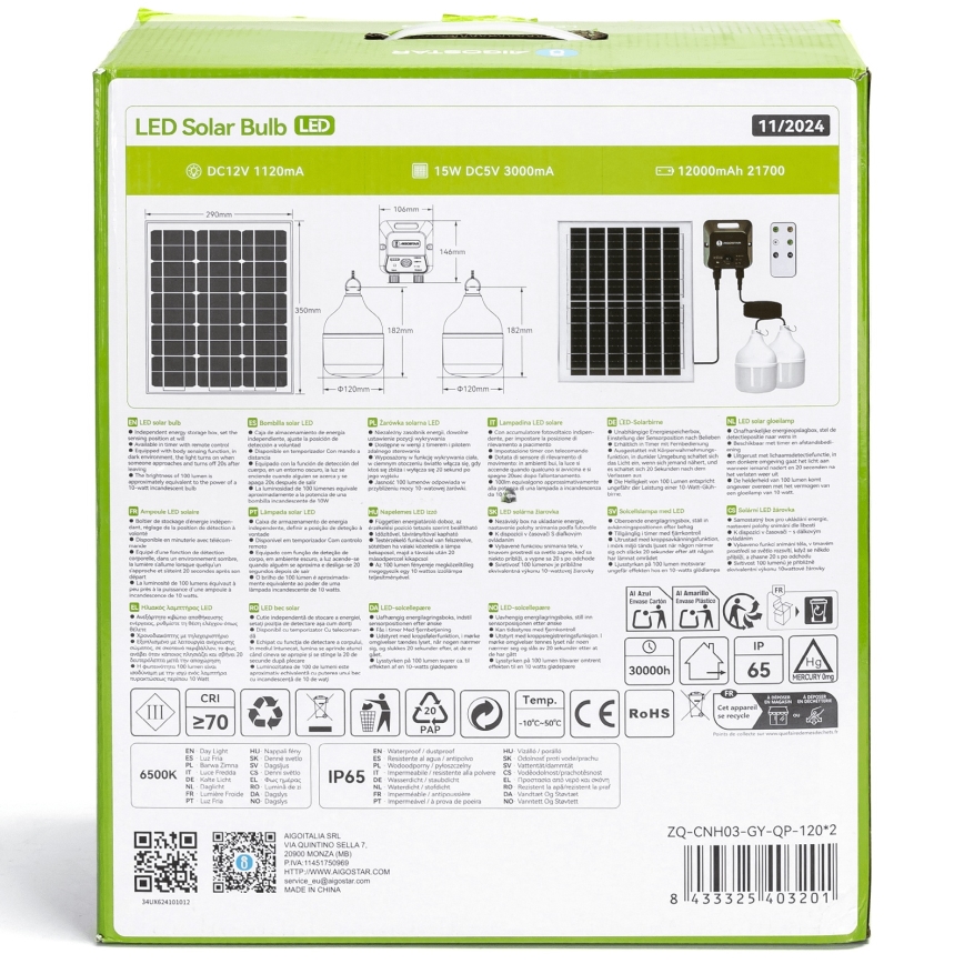 Aigostar - LED saulės šviestuvas su jutikliu 2x LED/70W/12V 12000 mAh 6500K IP65 skersmuo 12 cm + nuotolinis valdymas