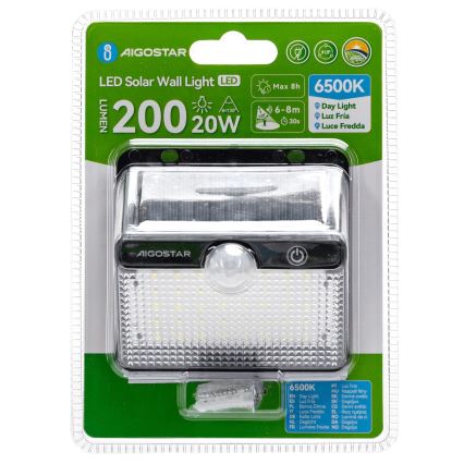 Aigostar - LED saulės šviestuvas su jutikliu LED/3,7V 6500K 1200 mAh IP65 juodas