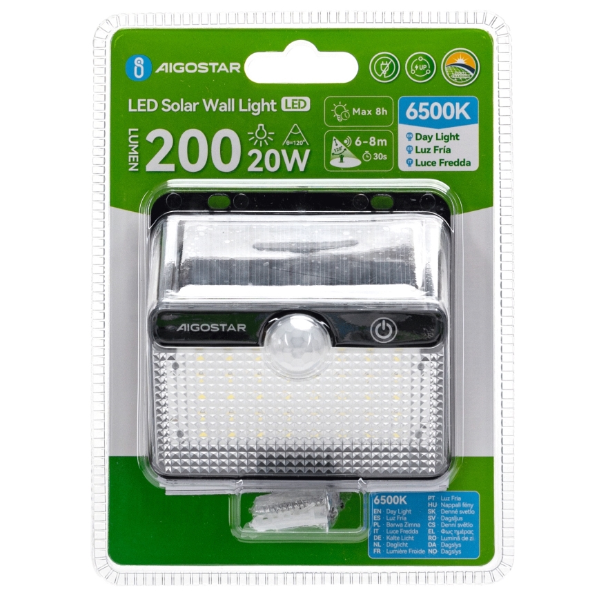 Aigostar - LED saulės šviestuvas su jutikliu LED/3,7V 6500K 1200 mAh IP65 juodas
