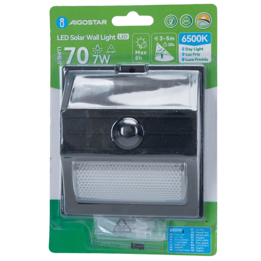 Aigostar - LED Saulės šviestuvas su jutikliu LED/3,7V 6500K 500 mAh IP65 juodas
