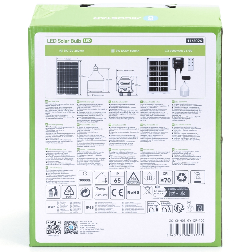 Aigostar - LED saulės liustra su jutikliu LED/35W/12V 3000 mAh 6500K IP65 skersmuo 10 cm + nuotolinis valdymas