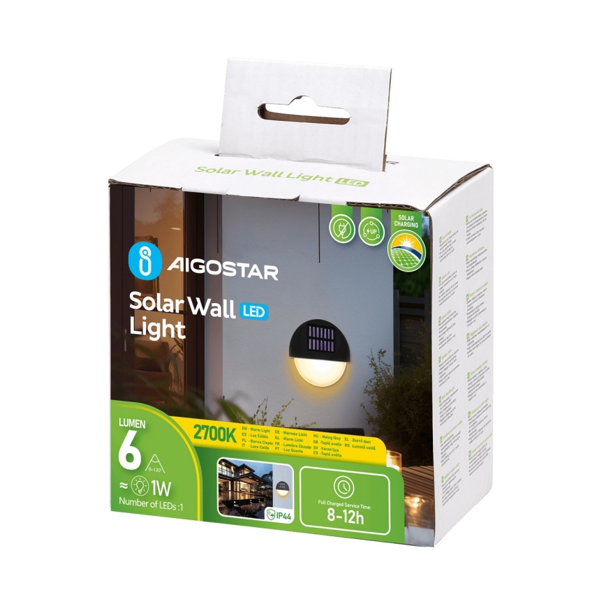Aigostar - LED sieninis šviestuvas, įkraunamas saulės energija LED/1W/1,2V juoda 200 mAh 2700K IP44