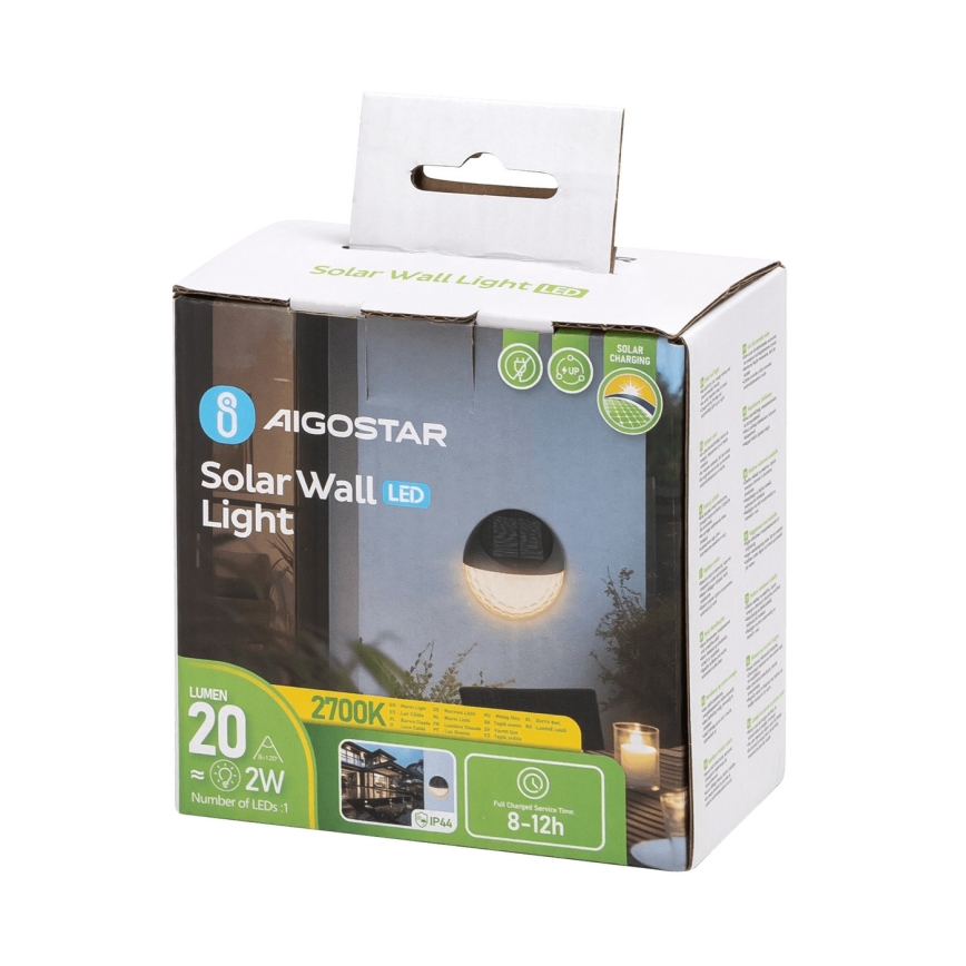 Aigostar - LED sieninis šviestuvas, įkraunamas saulės energija LED/2W/1,2V juoda 300 mAh 2700K IP44