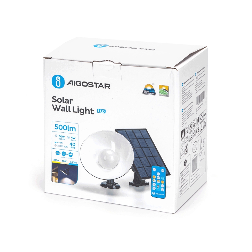 Aigostar - LED sieninis šviestuvas, įkraunamas saulės energija LED/3,2V 3000K/4000K/6500K 5000 mAh IP65 + nuotolinio valdymo pultas