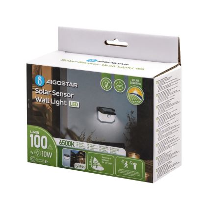 Aigostar - LED sieninis šviestuvas su jutikliu, įkraunamas saulės energija LED/0,8W/5,5V 1200 mAh 6500K IP65