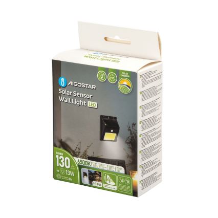 Aigostar - LED sieninis šviestuvas su jutikliu, įkraunamas saulės energija LED/13W/5,5V 6500K IP65