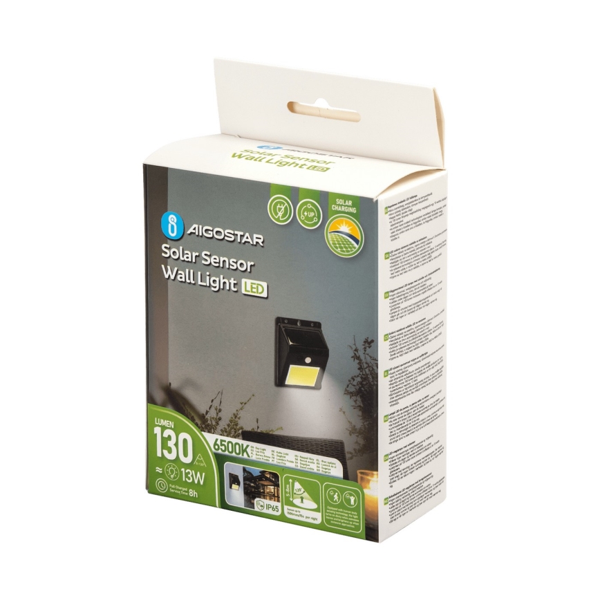 Aigostar - LED sieninis šviestuvas su jutikliu, įkraunamas saulės energija LED/13W/5,5V 6500K IP65