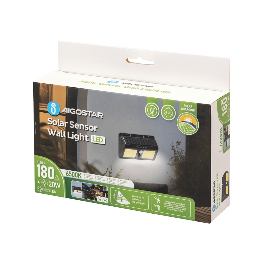 Aigostar - LED sieninis šviestuvas su jutikliu, įkraunamas saulės energija LED/20W/5,5V 2400 mAh 6500K IP65