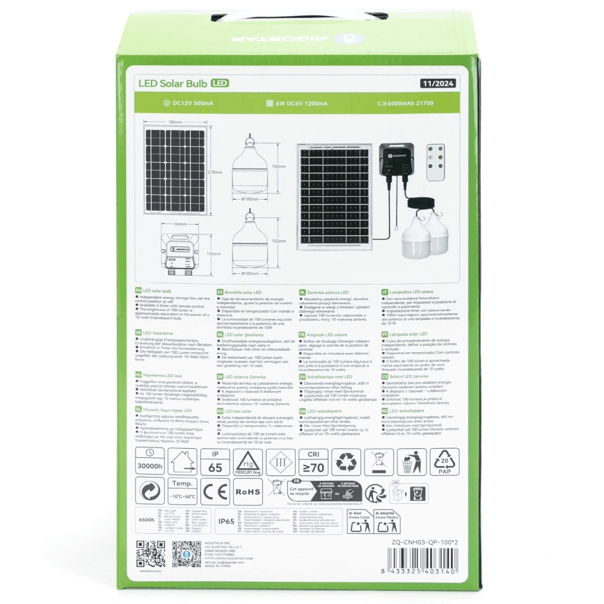 Aigostar - LED sietynas, įkraunamas saulės energija 2xLED/35W/12V 6000 mAh 6500K diametras 10 cm + nuotolinio valdymo pultas