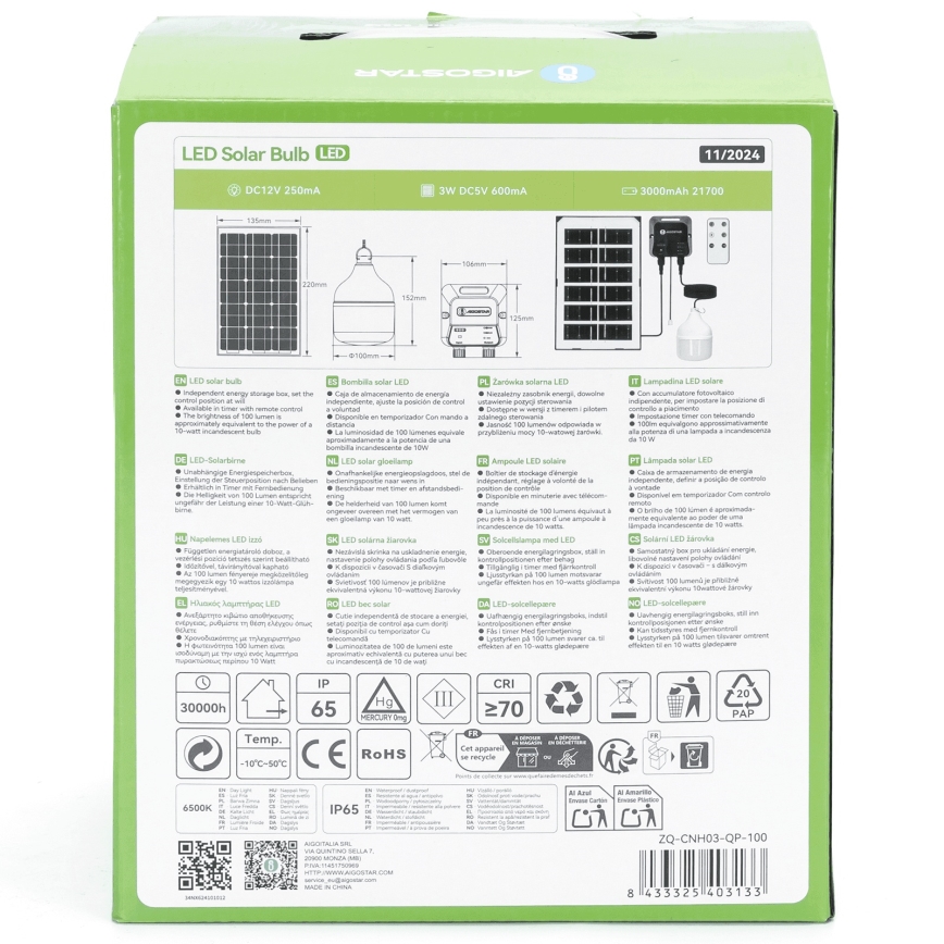 Aigostar - LED sietynas, įkraunamas saulės energija LED/35W/12V 3000 mAh 6500K diametras 10 cm + nuotolinio valdymo pultas