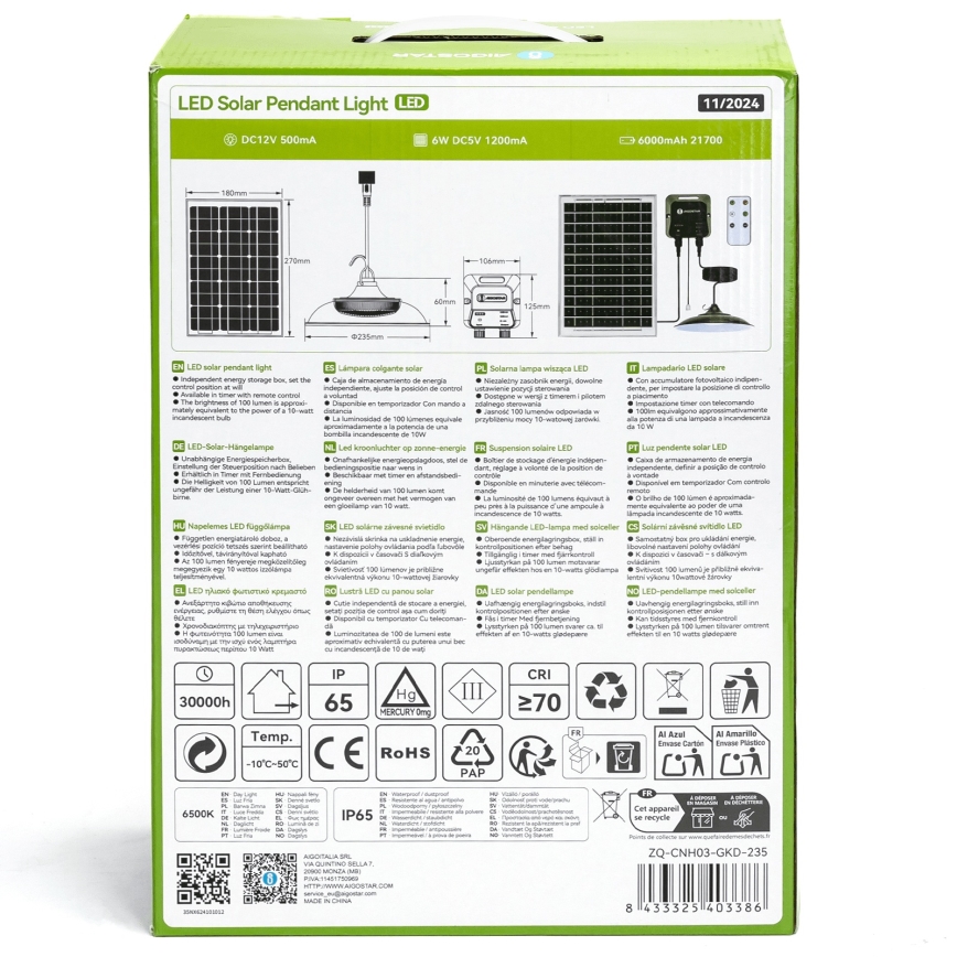 Aigostar - LED sietynas, įkraunamas saulės energija LED/70W/12V 6000 mAh 6500K diametras 23,5 cm + nuotolinio valdymo pultas