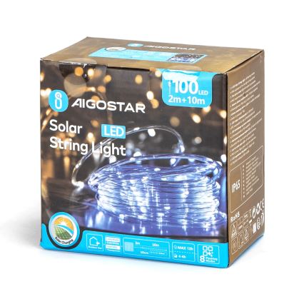 Aigostar - LED Solar Kelėdinė girlianda 100xLED/8 funkcijos 12m IP65 šalta balta