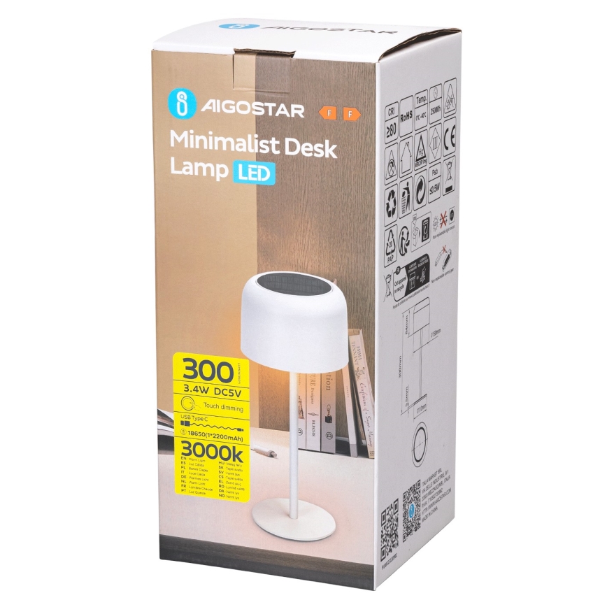 Aigostar - LED Solar šviesos reguliavimas rechargeable Stalinis šviestuvas LED/3W/5V 2200mAh balta IP54