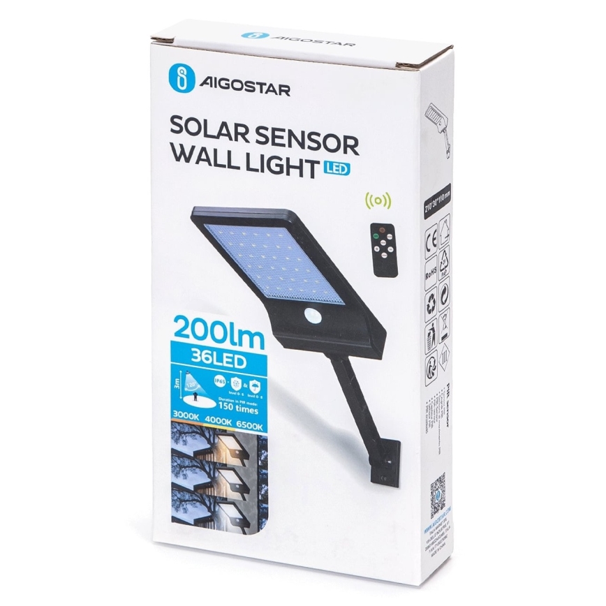 Aigostar - LED šviesos reguliavimas saulės lempa su jutikliu LED/2,3W/5,5V IP65 + nuotolinio valdymo pultas