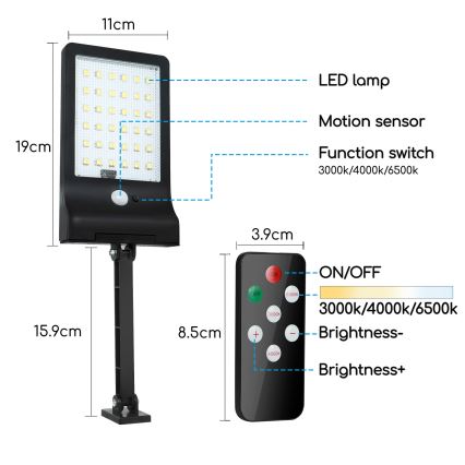 Aigostar - LED šviesos reguliavimas saulės lempa su jutikliu LED/2,3W/5,5V IP65 + nuotolinio valdymo pultas