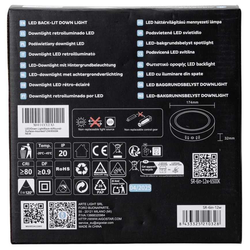 Aigostar - LED tvirtinamas lubinis šviestuvas LED/12W/230V diametras 17,4 cm 6500K balta
