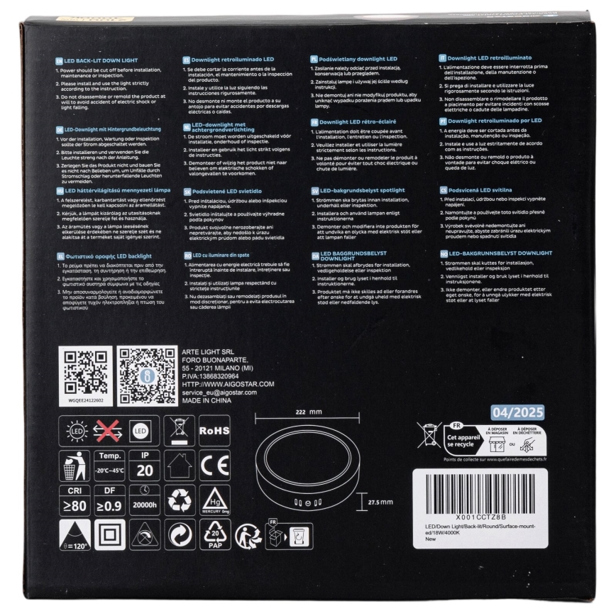 Aigostar - LED tvirtinamas lubinis šviestuvas LED/18W/230V diametras 22,6 cm 4000K balta