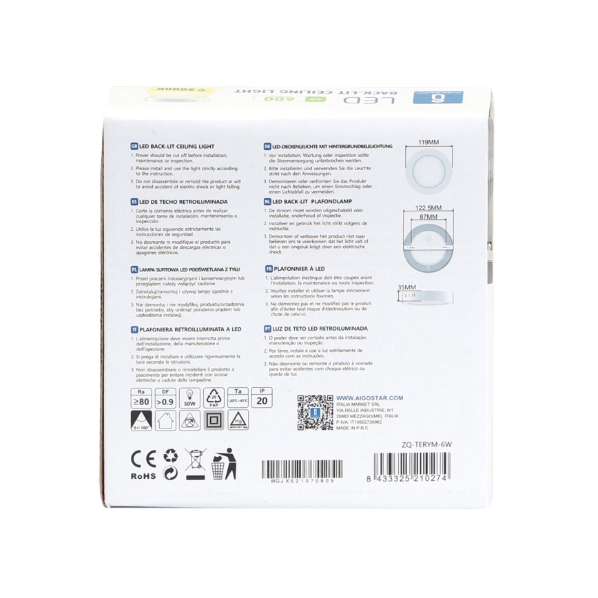 Aigostar - LED tvirtinamas lubinis šviestuvas LED/6W/230V diametras 12,3 cm 3000K balta